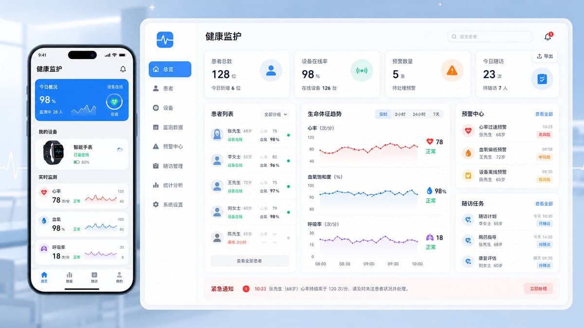 远程医疗健康监护平台和移动端 UI 界面图