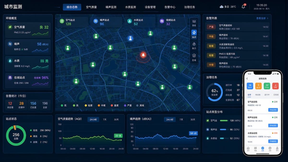 智慧城市环境监测指挥中心 UI 界面图