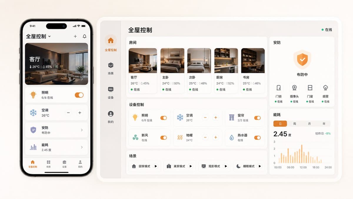 智慧家庭全屋控制 APP 与管理后台 UI 界面图